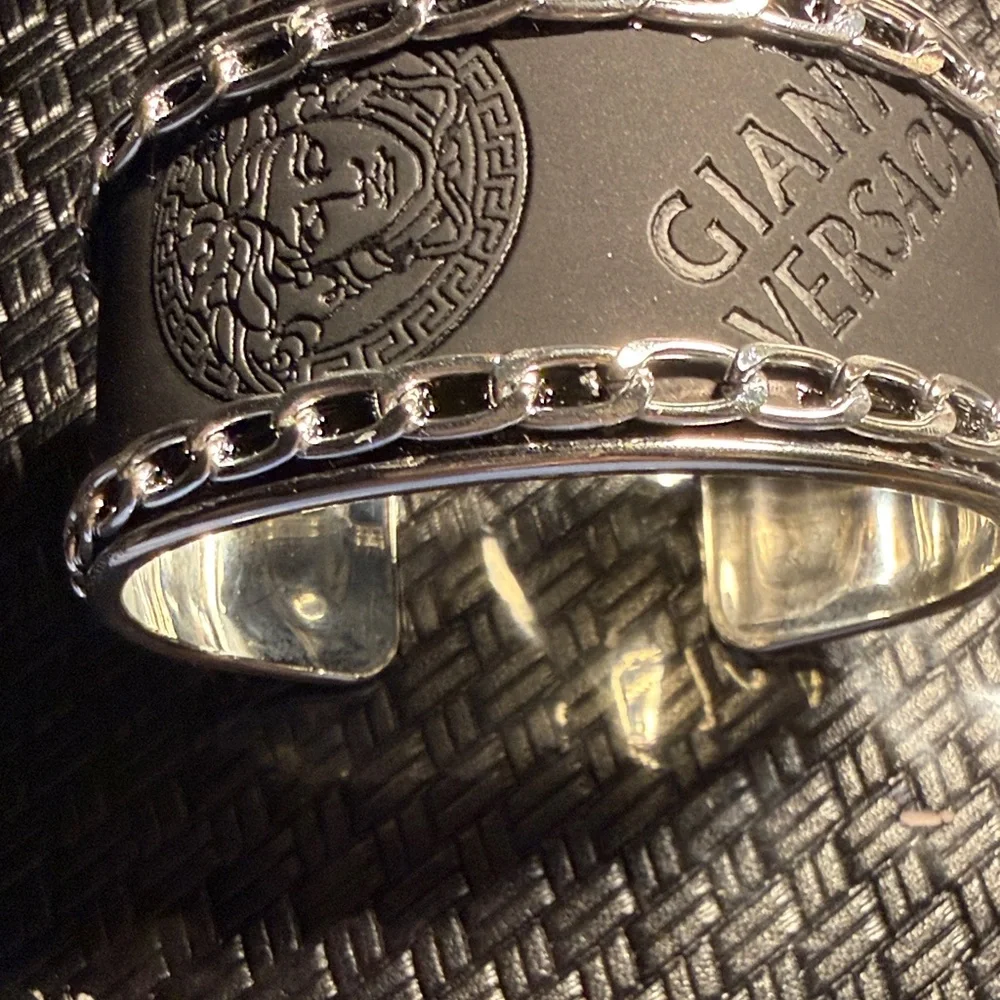 Versace Silver Men's Embossed Medusa Cuff with Chain Trim - Picture 1 of 3